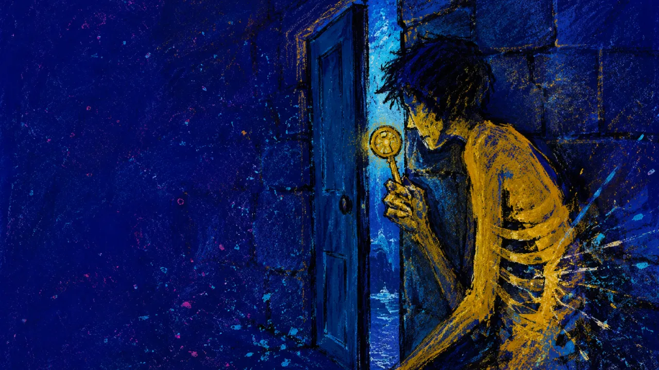 A figure enclosed behind stone walls, holding a glowing coin-shaped key near a half-open door in gold and cold blue