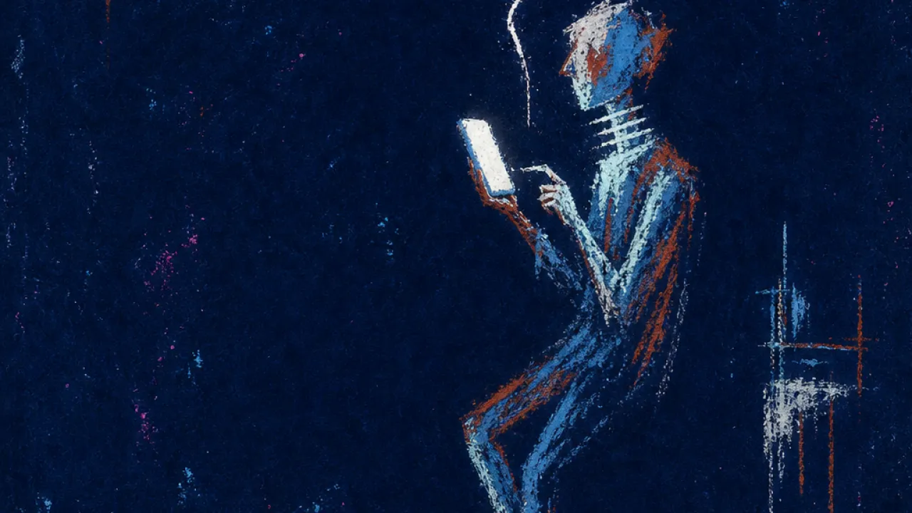 Clear Above Unready Ground A suspended figure holds a glowing phone above an unfinished floor, with sharp white light cutting through rust shadows