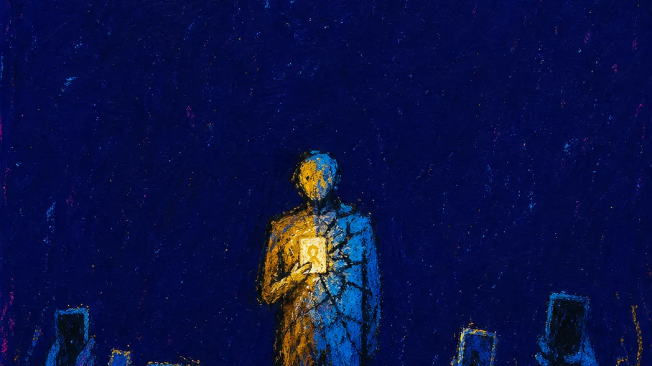 Seen, But Not Met A figure enclosed on a spotlighted platform, raised phones forming a ring, gold light fracturing into cold blue shadow
