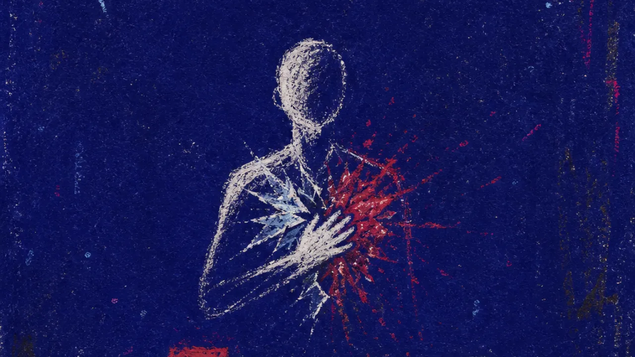 A suspended figure above open tabs and decision notes, hand on sternum, cold silver split by bruised red