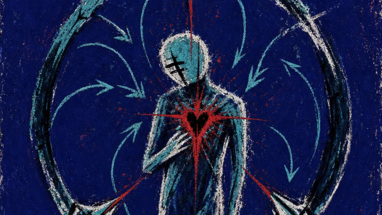 A figure enclosed in a dark compass ring, three blades fixed around a pierced heart, red puncture against cold teal black