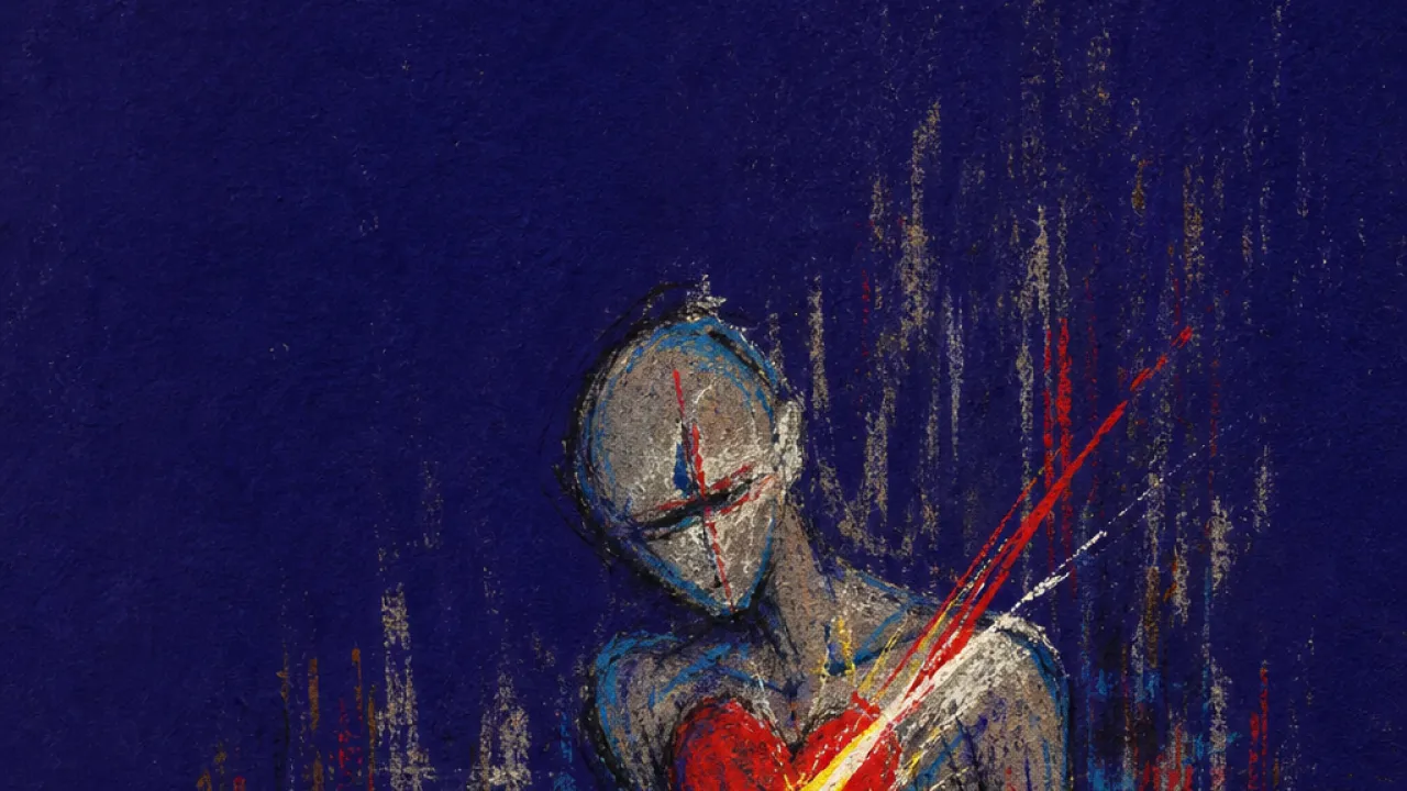 A figure in a rain-dark room facing a pierced heart, red steel lines cutting through gray rain as doorways fade