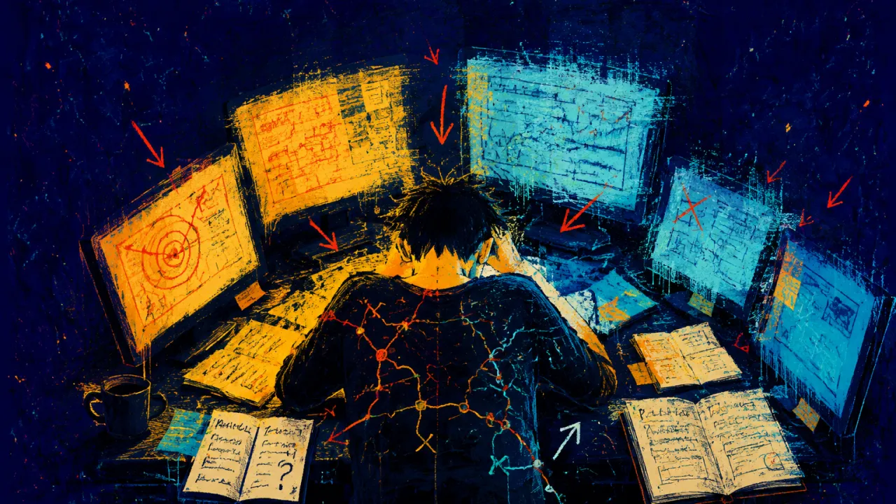 A seated figure ringed by glowing screens and notebooks, amber map lines pressing at the shoulders against cyan static.