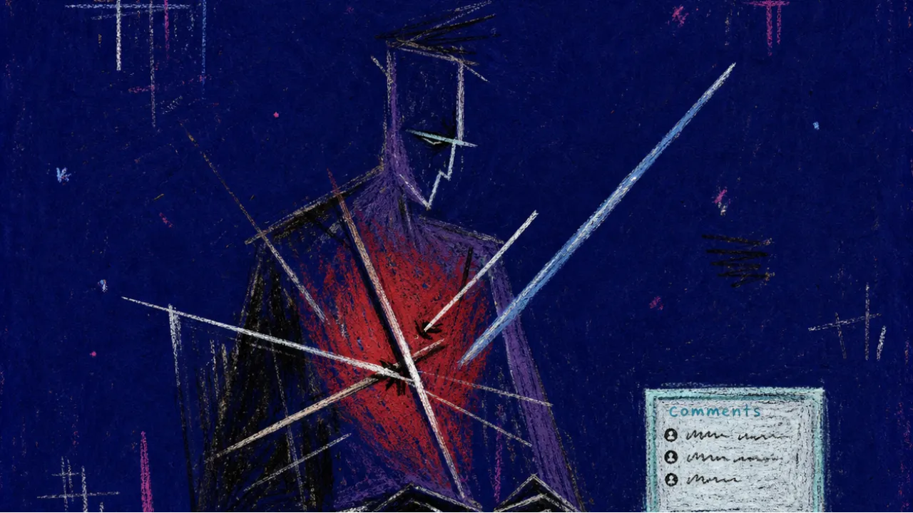 A figure pinned at a desk by blade-like lines across the chest, red laptop comments glowing in charcoal space