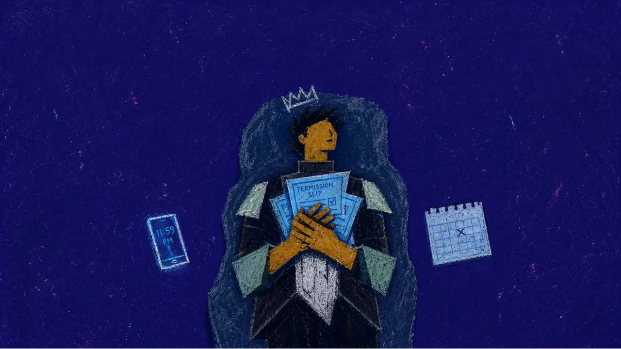 Pinned by proof A figure pinned on a stone bed in dark space, armor on, clasped hands over the chest, blue papers pressed into amber light