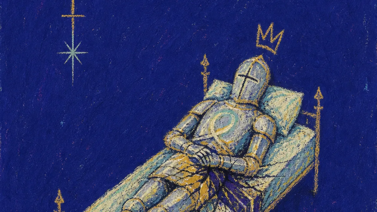 A figure lying armored on a narrow bed, pinned above a hidden blade as cold gold fractures into bruised indigo