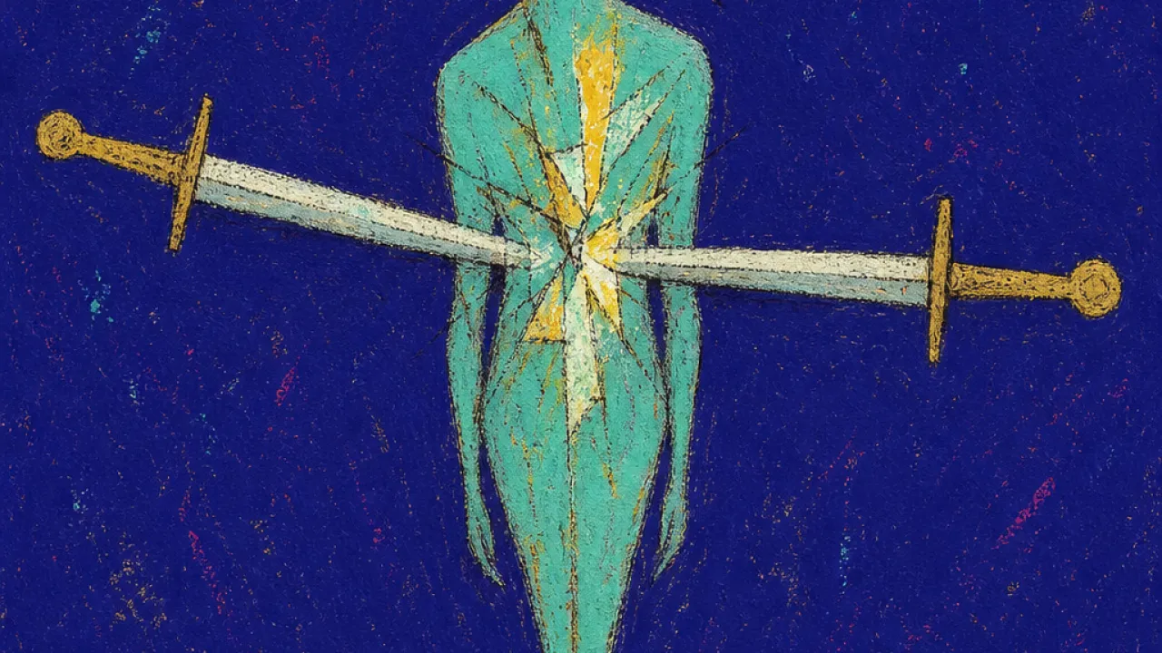 Balanced on the win A figure balanced on a planted sword by a gray shore, two blades pressed to the chest as acid gold cuts cold blue
