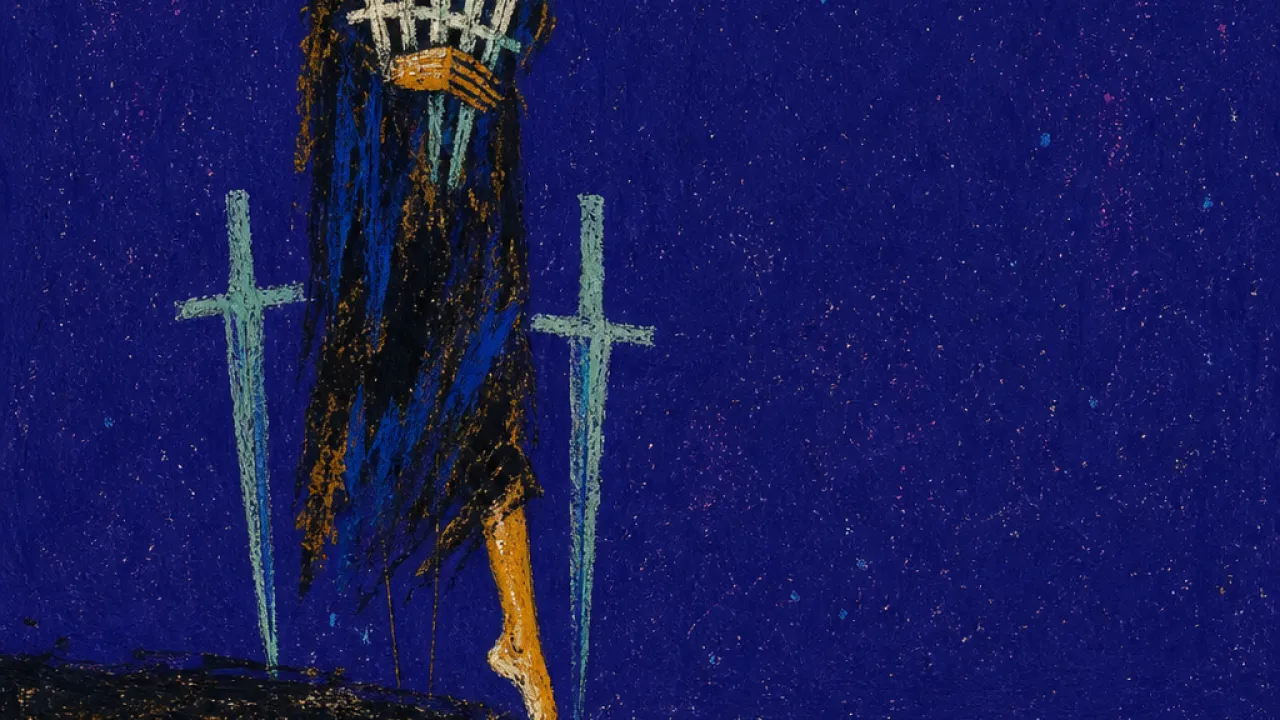 A figure at a midnight threshold holding five blades, with two planted behind, amber skin split by blue-black light