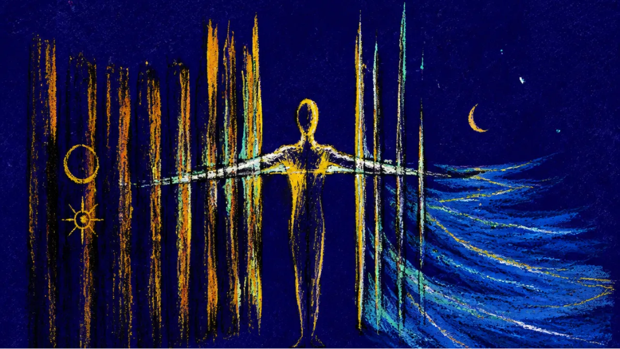 Guarded at the opening A figure braced in a gap of upright wands, amber light pressed against cold blue space beyond an open river