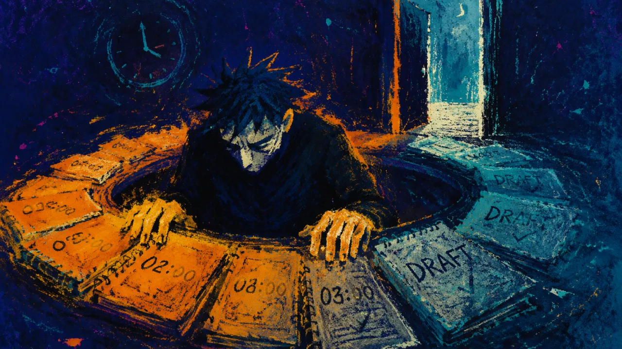 A figure enclosed by a circular desk of notebooks, hands on the rim, with amber light ending against teal-black space.