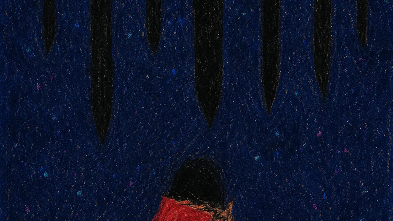 Safe, but disappearing A figure under a patterned quilt in a dark room, lower body fixed as black walls and blade-like lines press overhead
