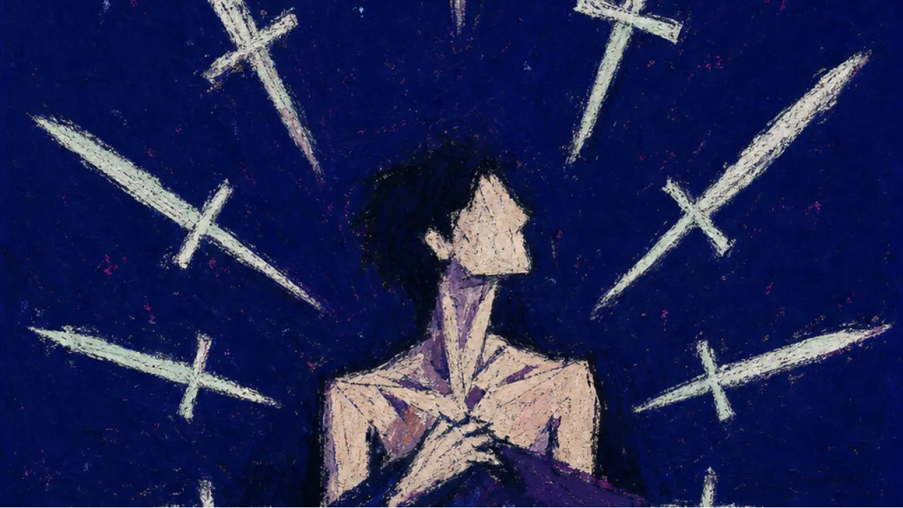 Trapped in the Same Thought A figure sits upright in a dark bed, lower body fixed by quilt, repeated white blades lining a blue-black wall
