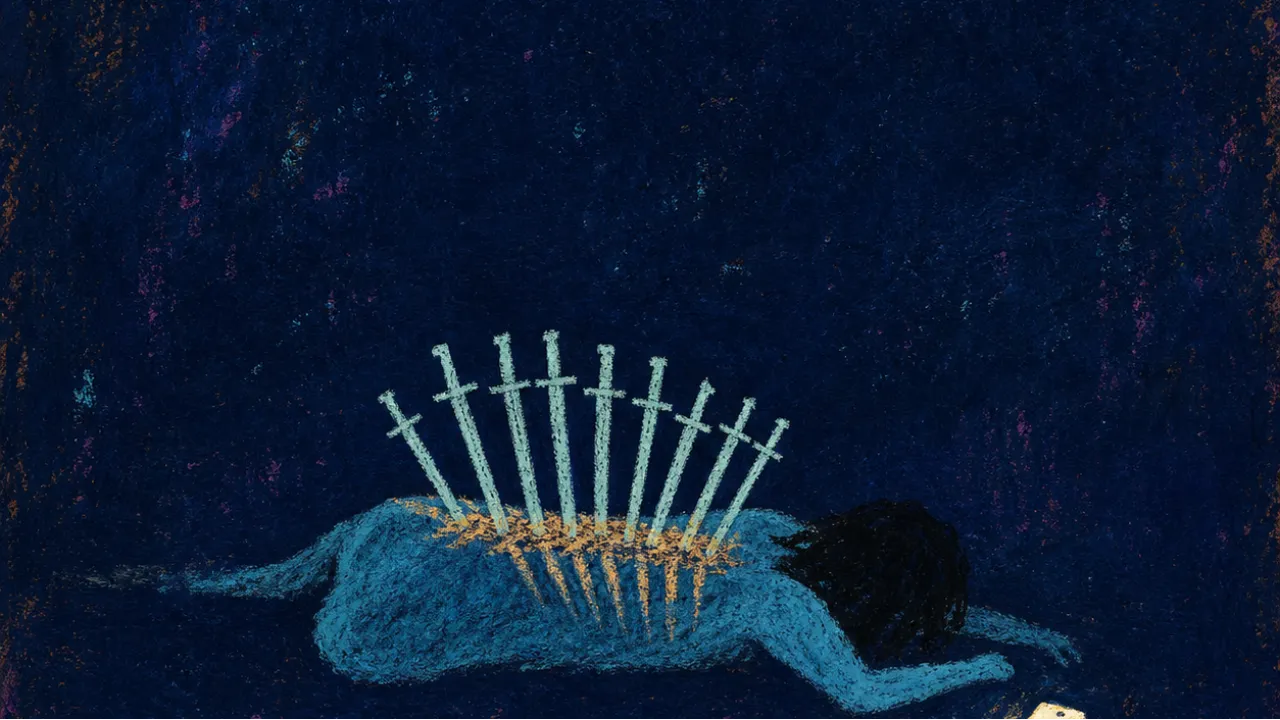 Pinned Where You Were Seen A figure pinned face-down by a row of swords, phone-white light fractured across a cold indigo floor