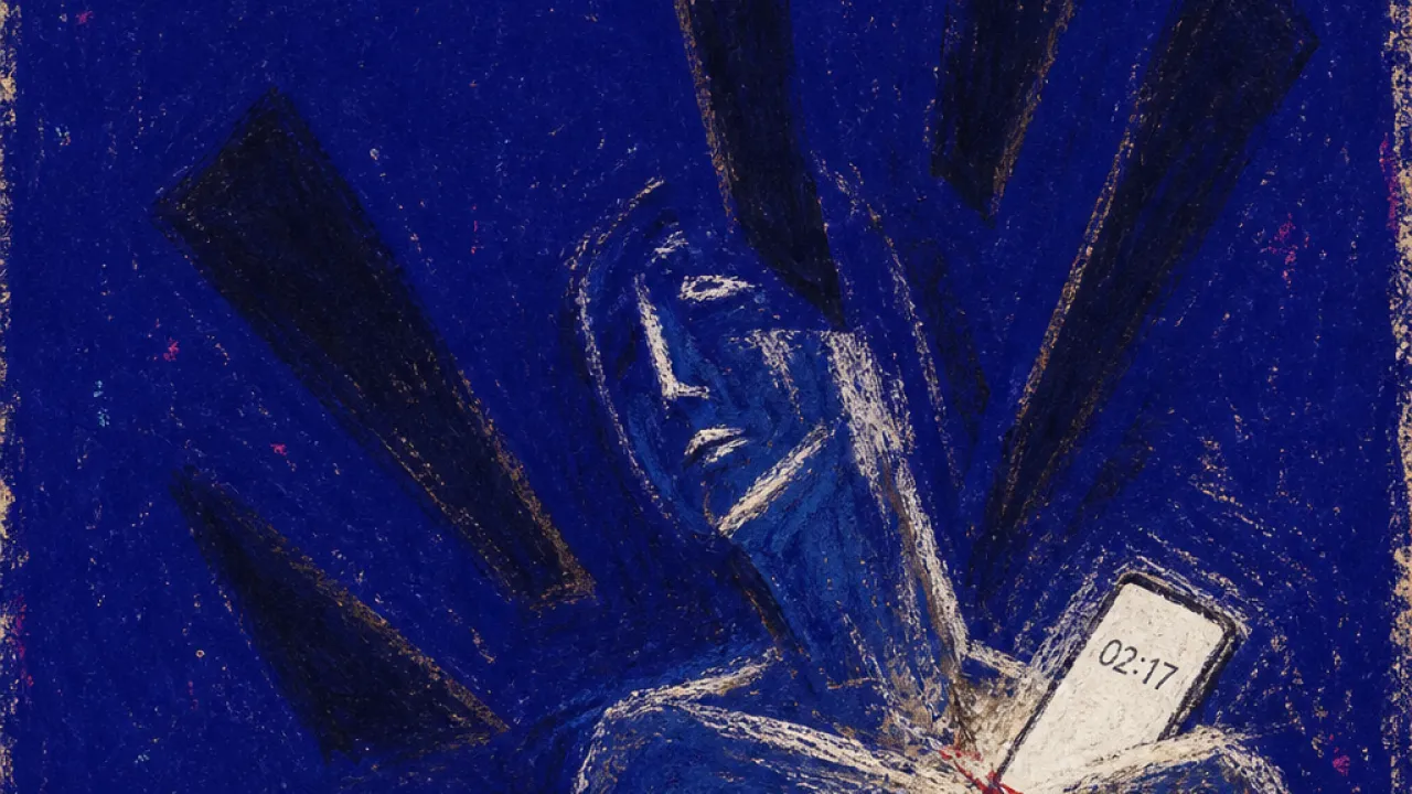 A figure pinned in a dark bedroom under blade-like shadows, with a glowing phone timestamp in cold white and red