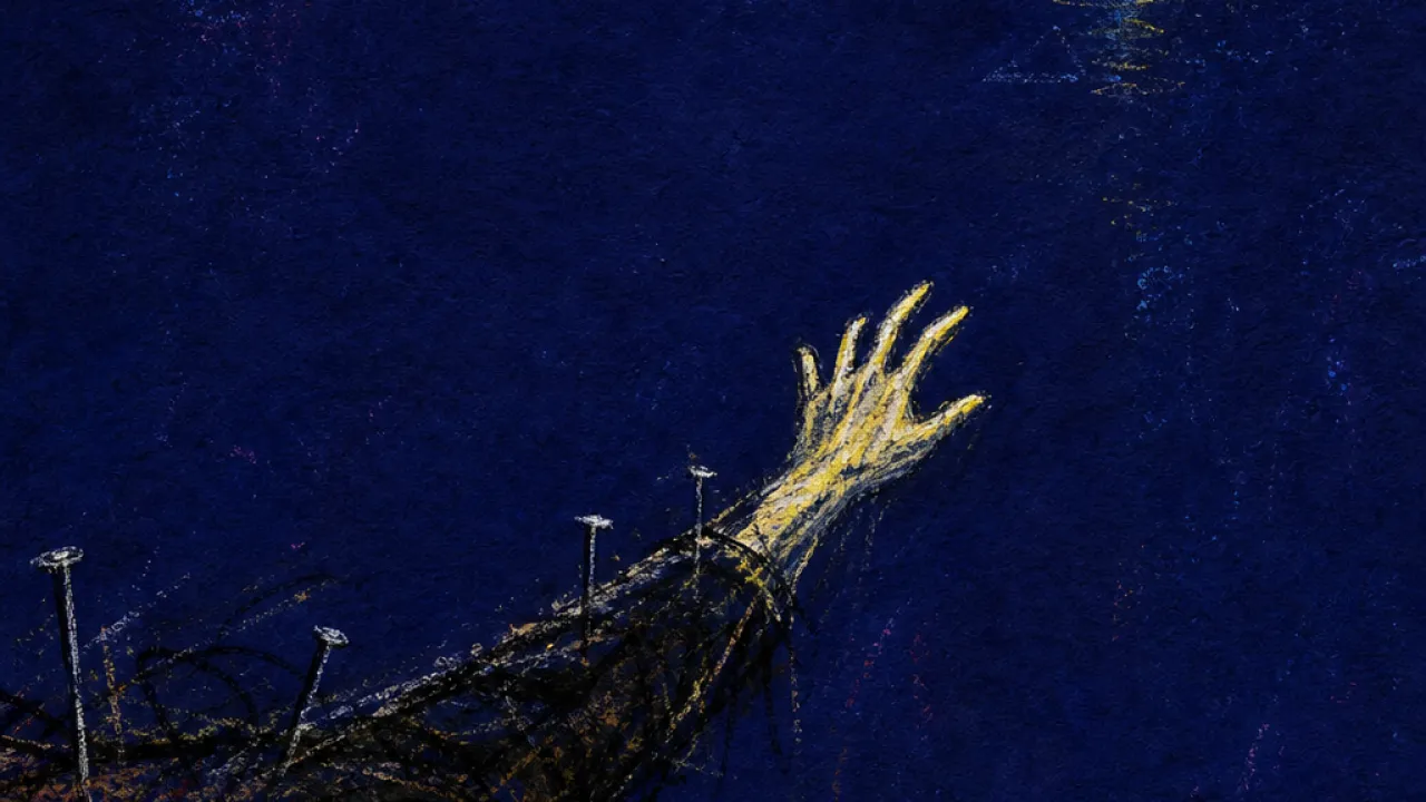 A pinned figure face down in dark space, one hand gesturing toward a distant yellow horizon with sharp black-yellow contrast