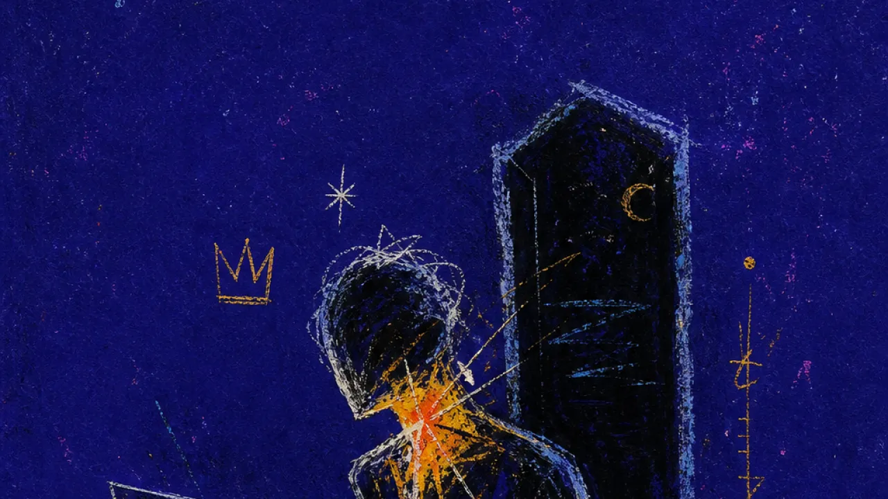 A suspended figure at a midnight desk, hands over a laptop, head turned toward floating amber blades in cold blue space