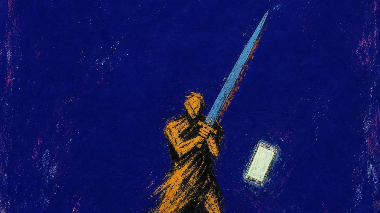 Raised Guard, Lost Rest A figure balanced on a high uneven ridge, sword raised near a glowing phone, amber light cut by steel blue shadow