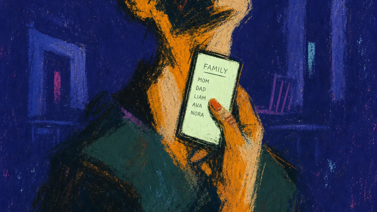 A figure enclosed in a dark dining room, phone glowing with a family name, amber skin fractured against green-black shadow