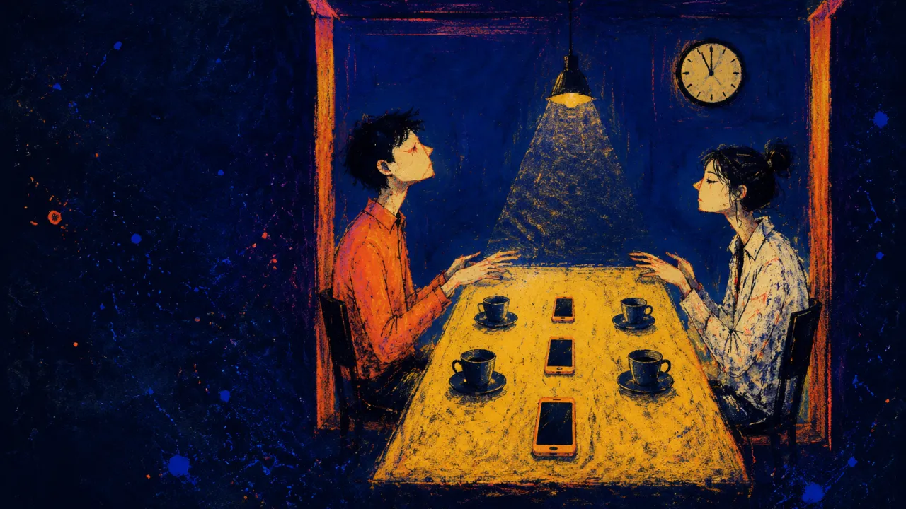 Together in Frame, Apart in Reach Two figures in a framed room face across untouched cups and lit phones, amber light ending at a pressing indigo edge.