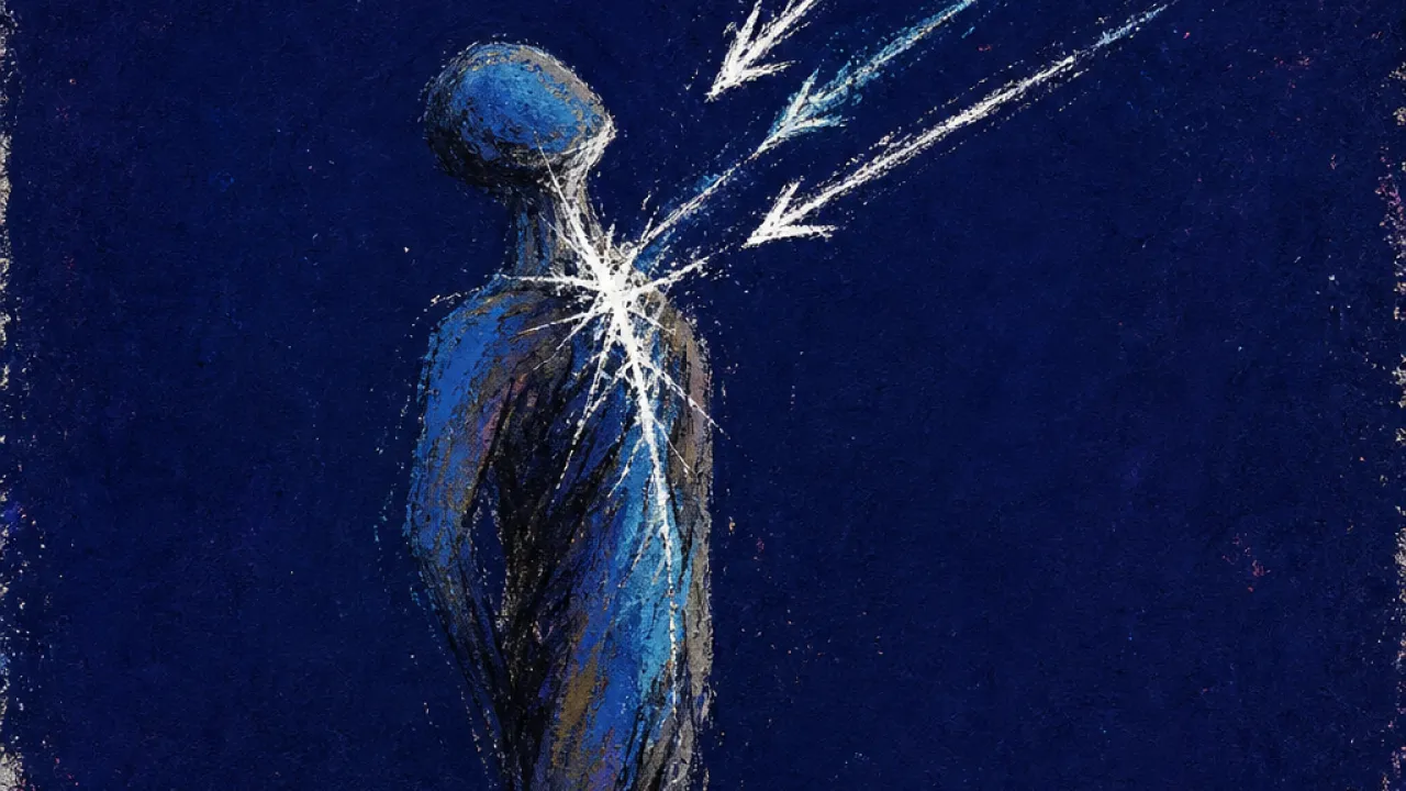 A figure suspended in a dark corridor, pulled by phone-light arrows, with electric white tension over blue shadows