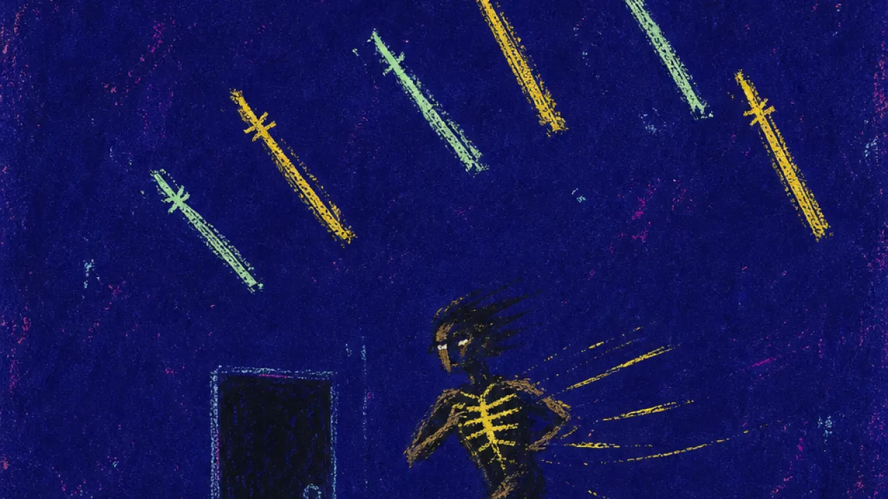 A figure suspended mid-run in a fluorescent corridor, passing a closed door as airborne wands streak through cold indigo