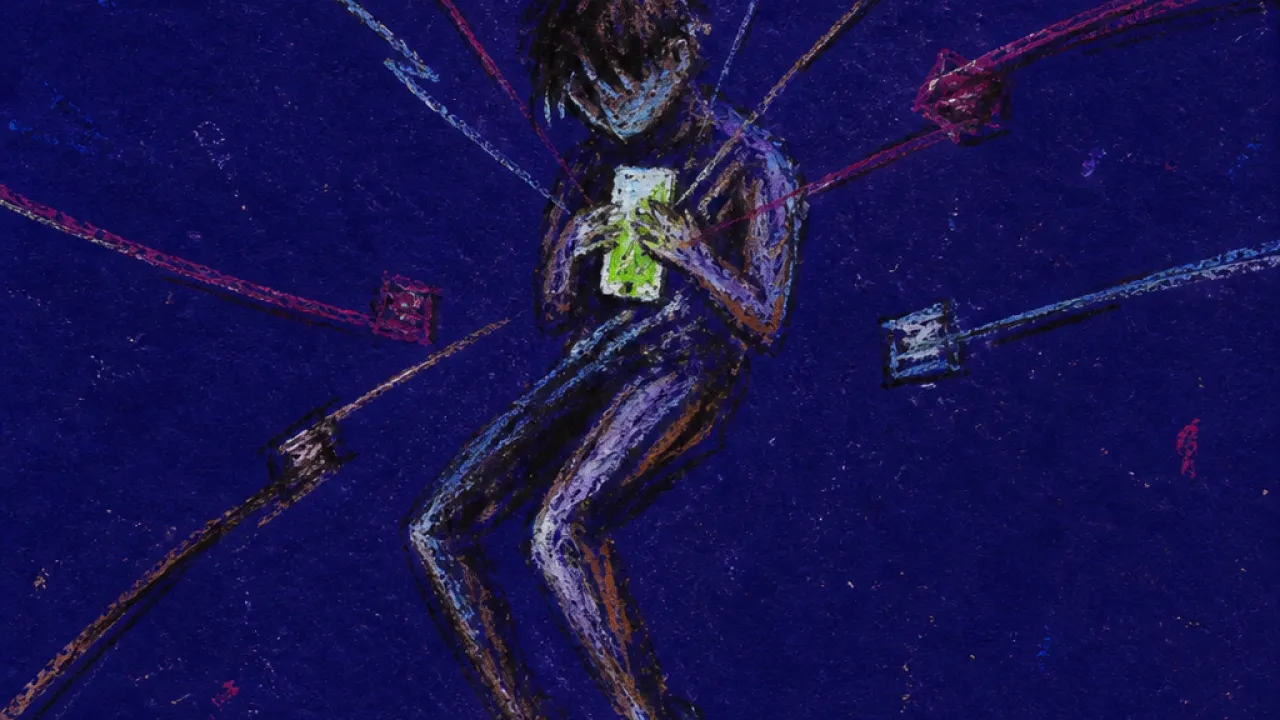 No place to land A suspended figure surrounded by slanting message-like wands, a glowing phone below, acid green and white cutting into indigo