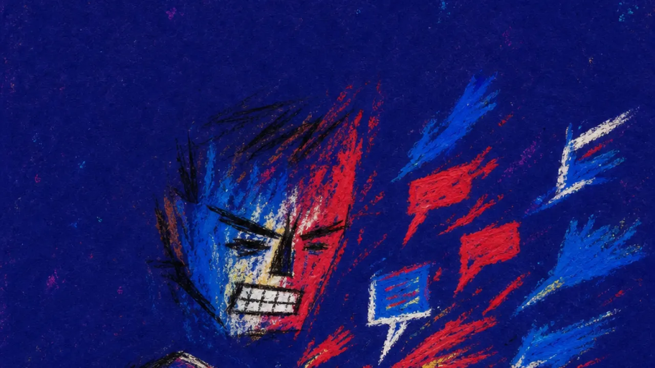 Caught before the impact A figure suspended above an open phone as message bubbles streak like arrows through dark red and cold blue air