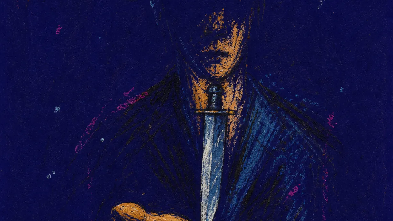 A figure at a dark glass table with one open palm beside an upright blade, steel blue shadows split by warm amber light