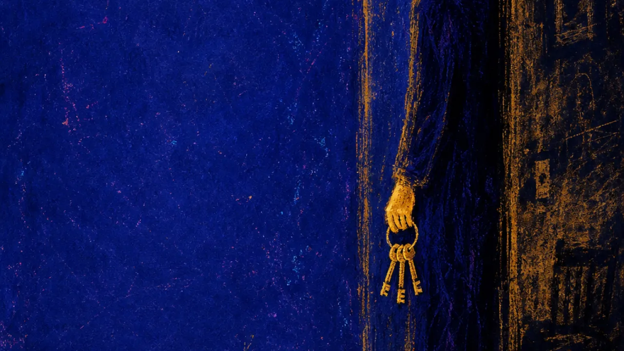 Waiting at the Door A figure braced in a doorway, keys clenched, amber light fractured against cold indigo walls and moving ships beyond.