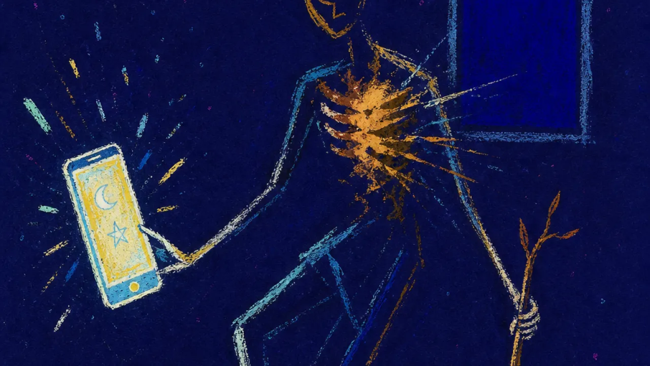 A figure beside a glowing phone and window, one hand on a rooted wand as amber light fractures into deep blue distance