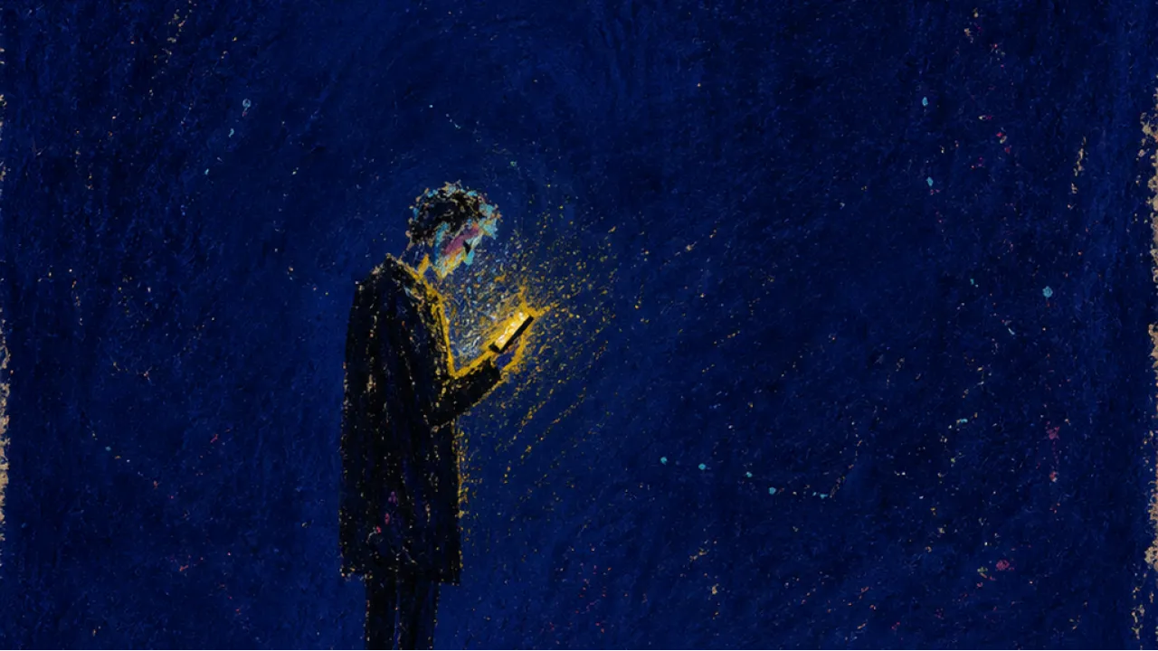 A figure suspended above a dark shoreline, phone glowing in hand, with distant ships across a teal and gold sea