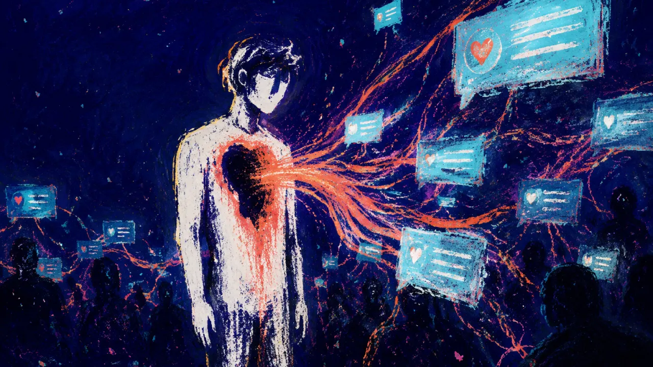 A hollow upright figure at a crowded gathering, ringed by cyan message panes as coral light drains from the chest.