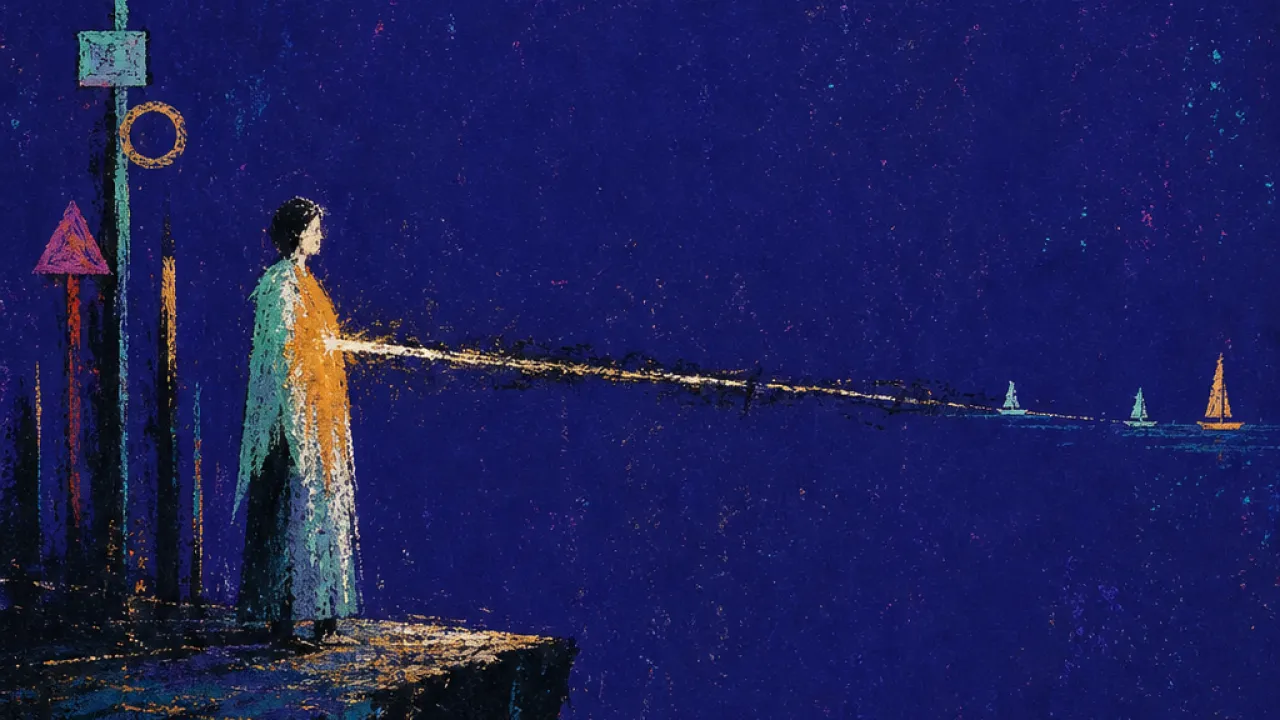 A figure paused on a cliff, old markers behind them and distant ships ahead, warm amber split by cold teal tension.