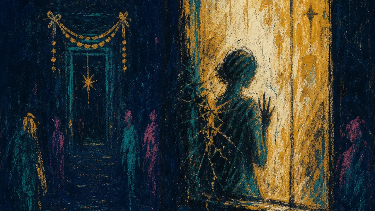 Seen Behind the Glass A figure behind a lit storefront window, warm gold light split by cold teal glass, with a distant garlanded doorway