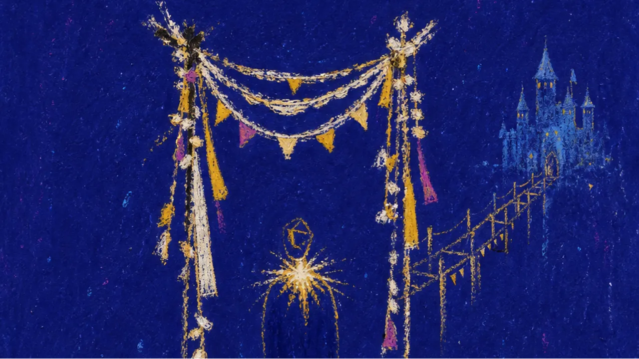 Celebrated, Still Unmoved A suspended figure under garlands, with a cold blue bridge to a distant castle separated from the golden gateway