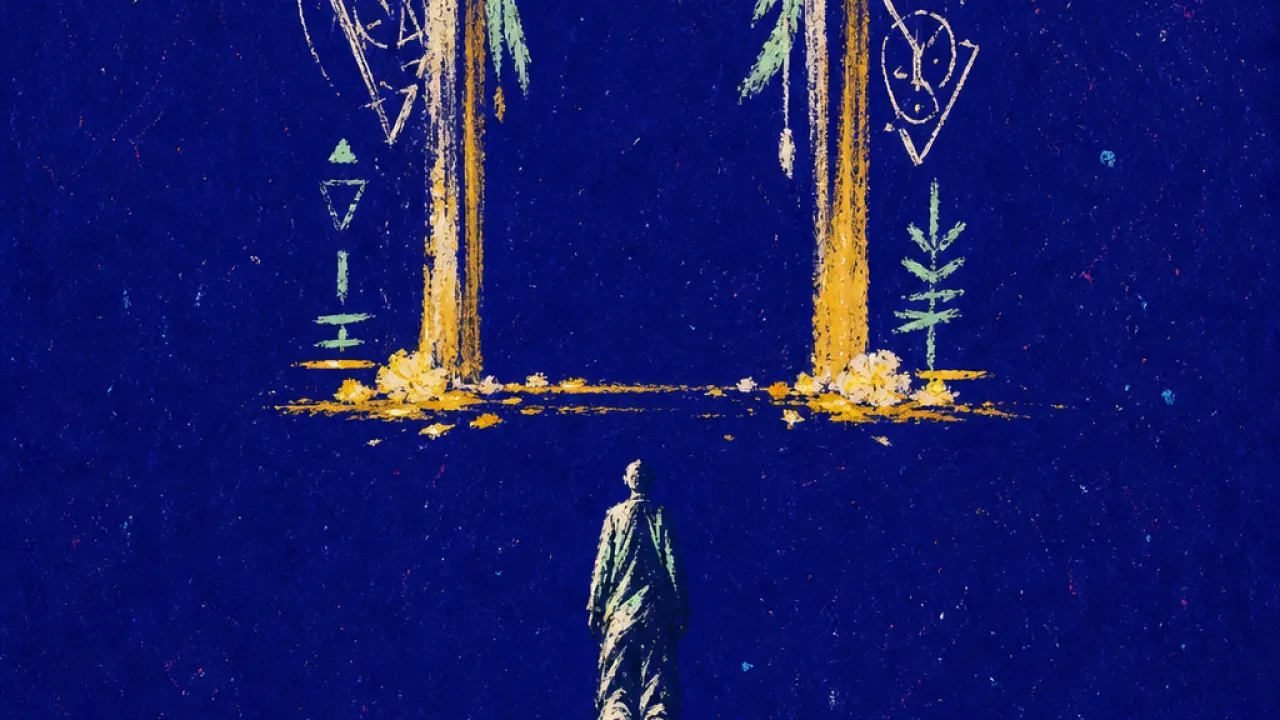 A figure suspended under a garlanded doorway, feet above an unfinished floor, gold light fractured into deep indigo.