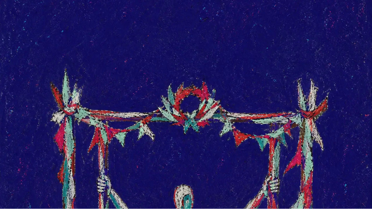 Holding Up the Frame A figure under a garlanded four-post frame, arms raised to hold it upright, red ribbons cutting through cold teal shadow