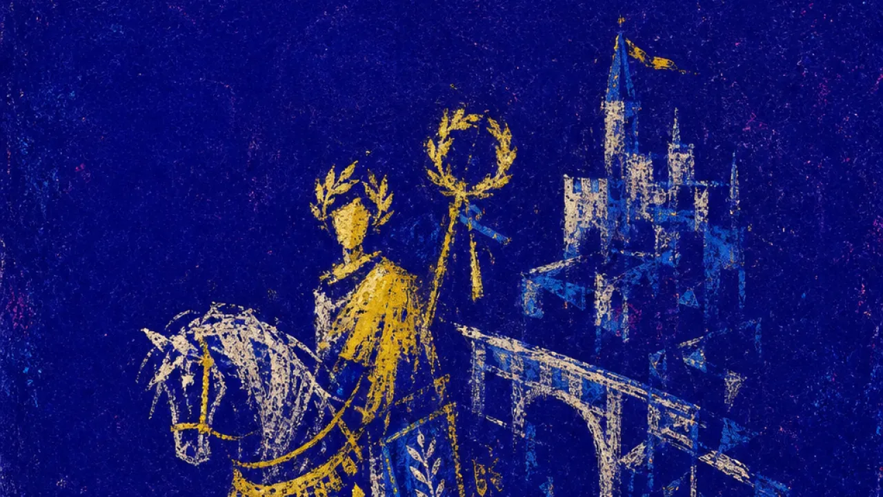 Crowned Before the Crossing A rider on a decorated horse pauses before a bright arch, raised wands around them while amber light splits into indigo space