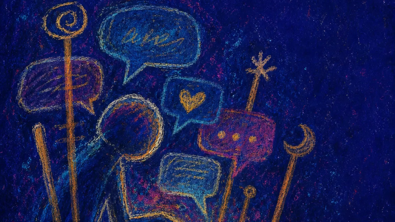 When Closeness Becomes Impact Figure enclosed by crossed staffs and message bubbles, thumb frozen over a lit phone, amber cutting into blue-black space