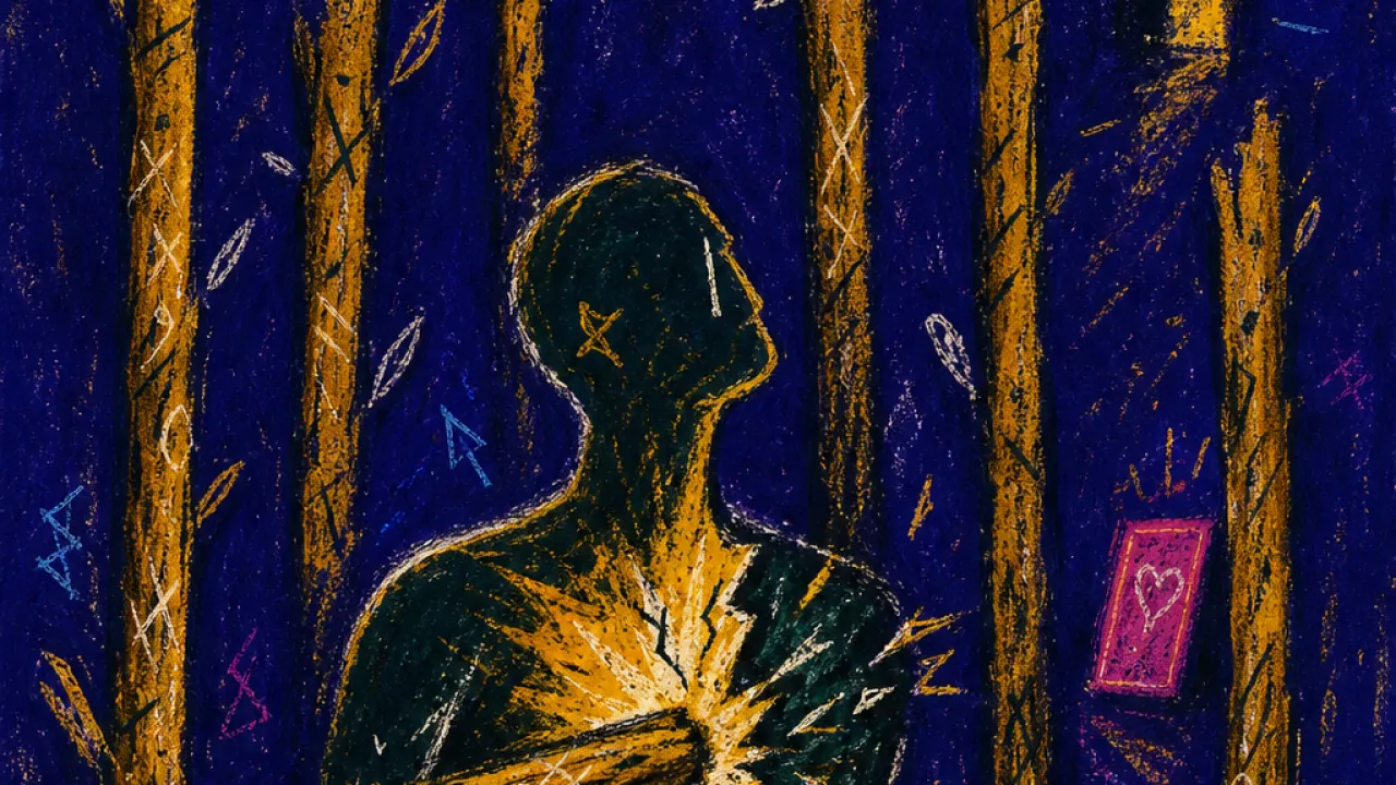 Reachable Behind the Fence A figure enclosed by upright wands, one wand across the chest, warm phone light fractured into cold green-black void