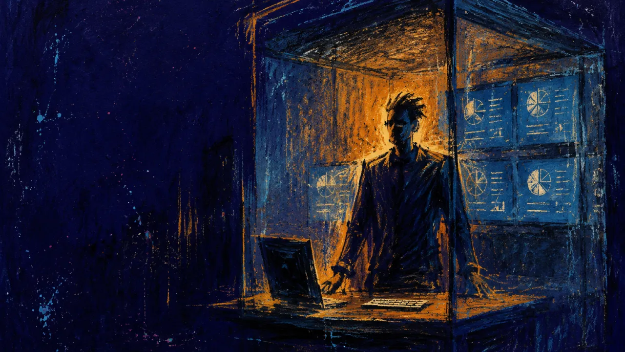 A figure enclosed at a workstation, shoulders above untouched keys as amber screens repeat a polished deck in indigo space.