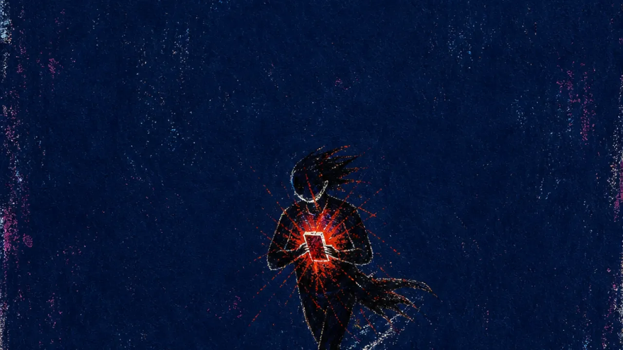 A figure on a narrow glowing track under a wide sky, phone light at the chest, warm red compressed into cold blue space