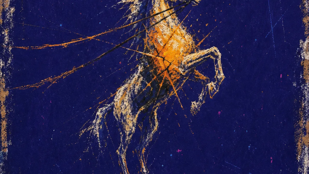 A figure suspended at a launch threshold, tight reins and raised hooves above dark ground, amber light fractured into indigo.