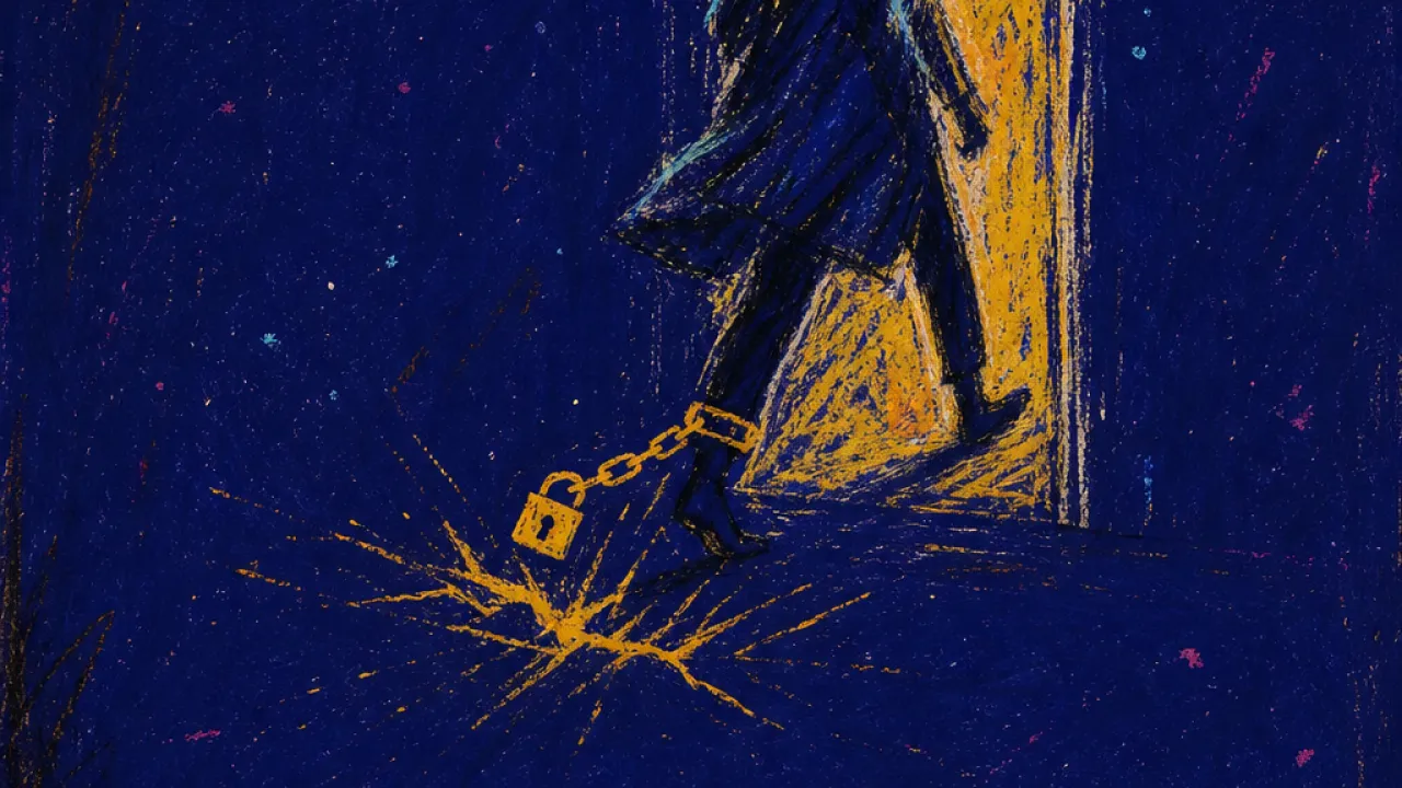 A figure suspended mid-stride above an open planner and glowing phone, amber motion fractured into cold indigo space