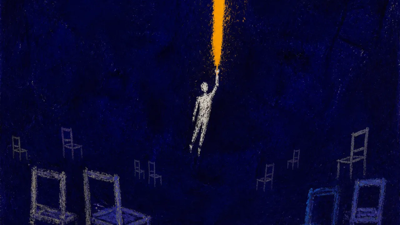 A suspended figure raises a bright vertical signal toward empty chairs, warm amber light fracturing into cold indigo space