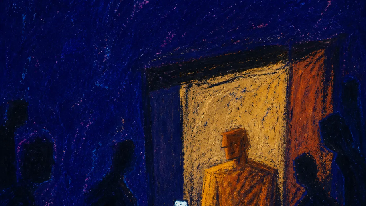 A figure in a lit apartment-stage, phone glowing on the counter, audience-shaped shadows closing in amber and cold blue