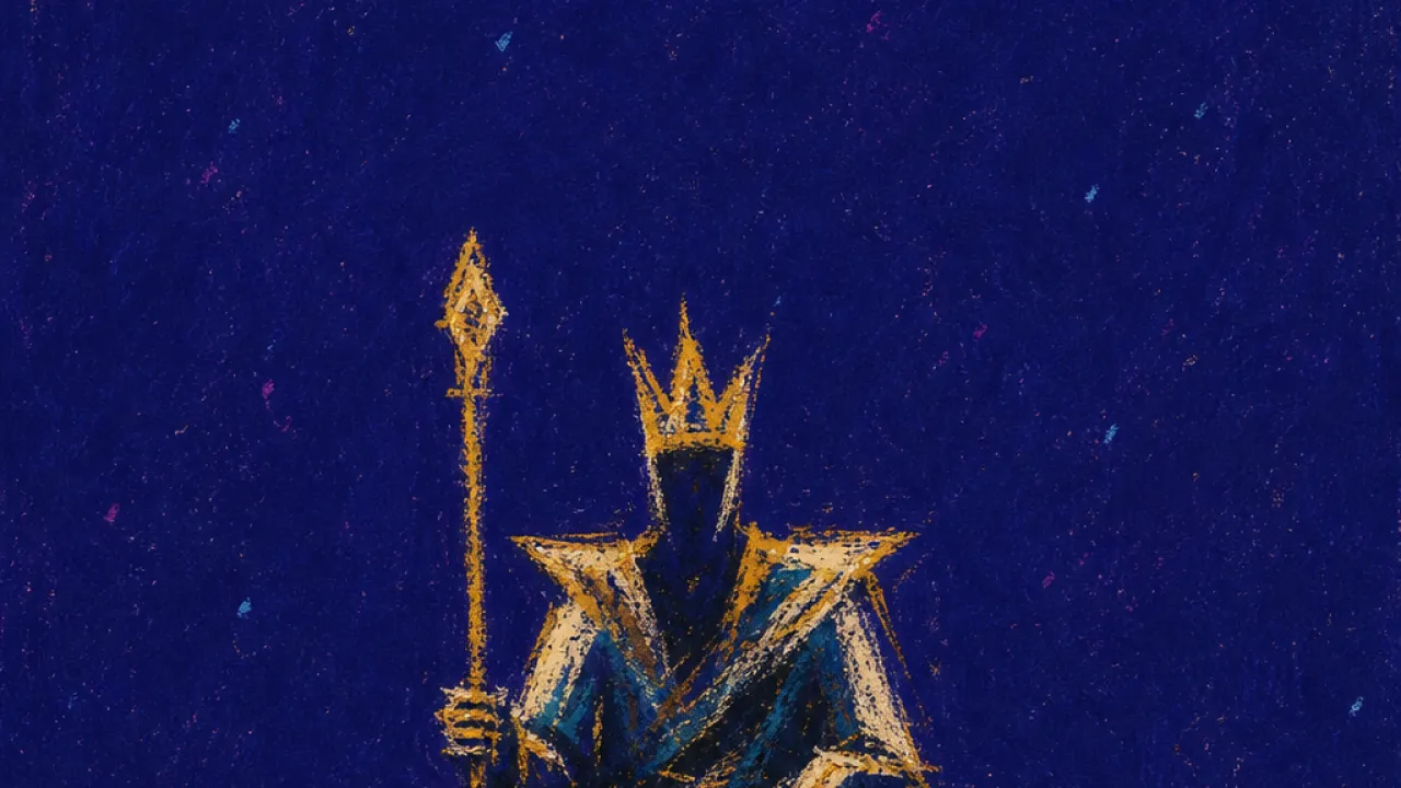 A seated figure on a rigid throne-stage, crown bright and wand grounded, hot gold light pressed into cold teal shadow