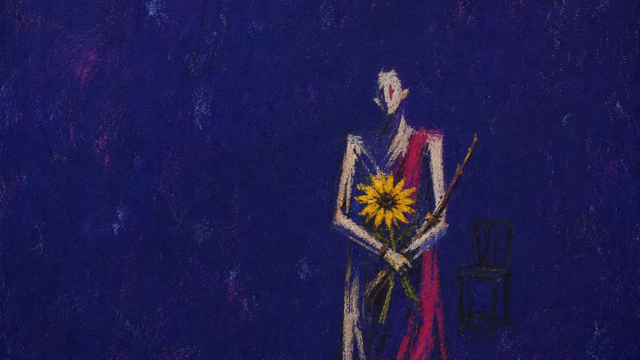 Upright With No Free Hand A figure locked upright in a dark room, both hands holding a sunflower and wand, gold light squeezed into cold black space