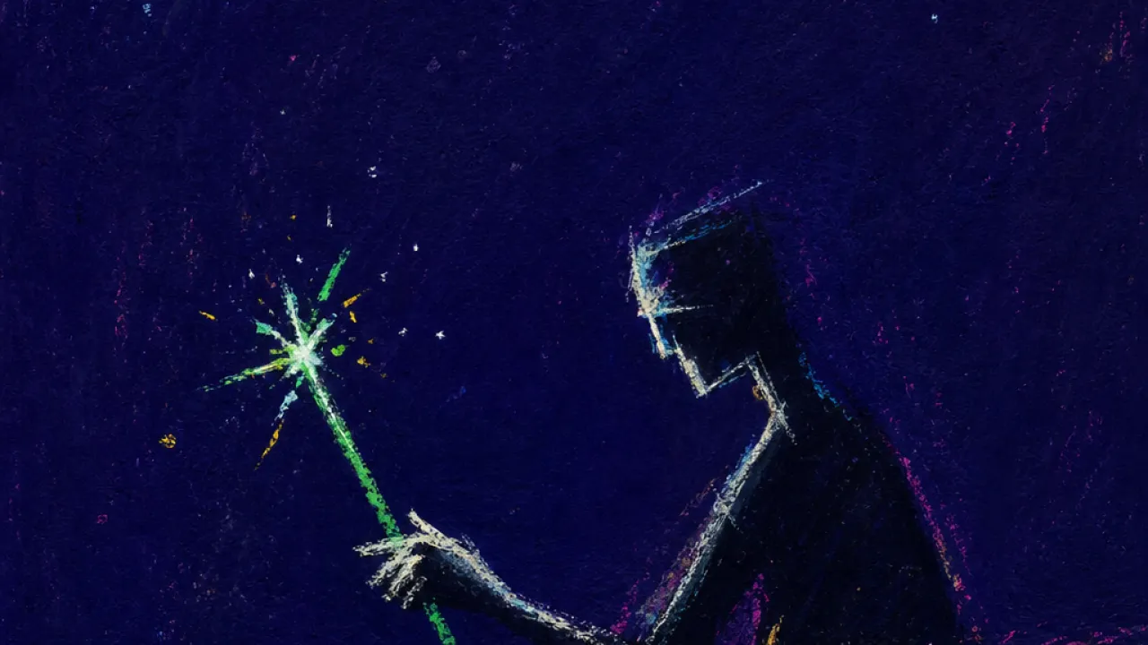 A suspended figure above cracked soil at a late-night desk, holding one green wand amid dry ochre and deep violet shadows
