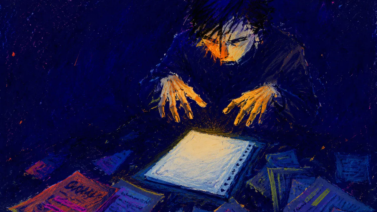 A figure suspended above a dark desk, hands hovering over a blank document, amber notes scattered in an indigo void.
